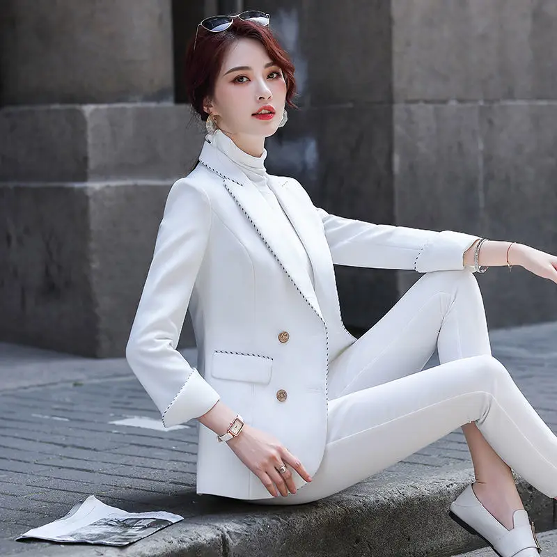 2020 Women Autumn Vintage Blazer Suits Double Breasted Female Pokets Blazer Jacket & Ankle Length Pants Casual 2 Piece Set A92