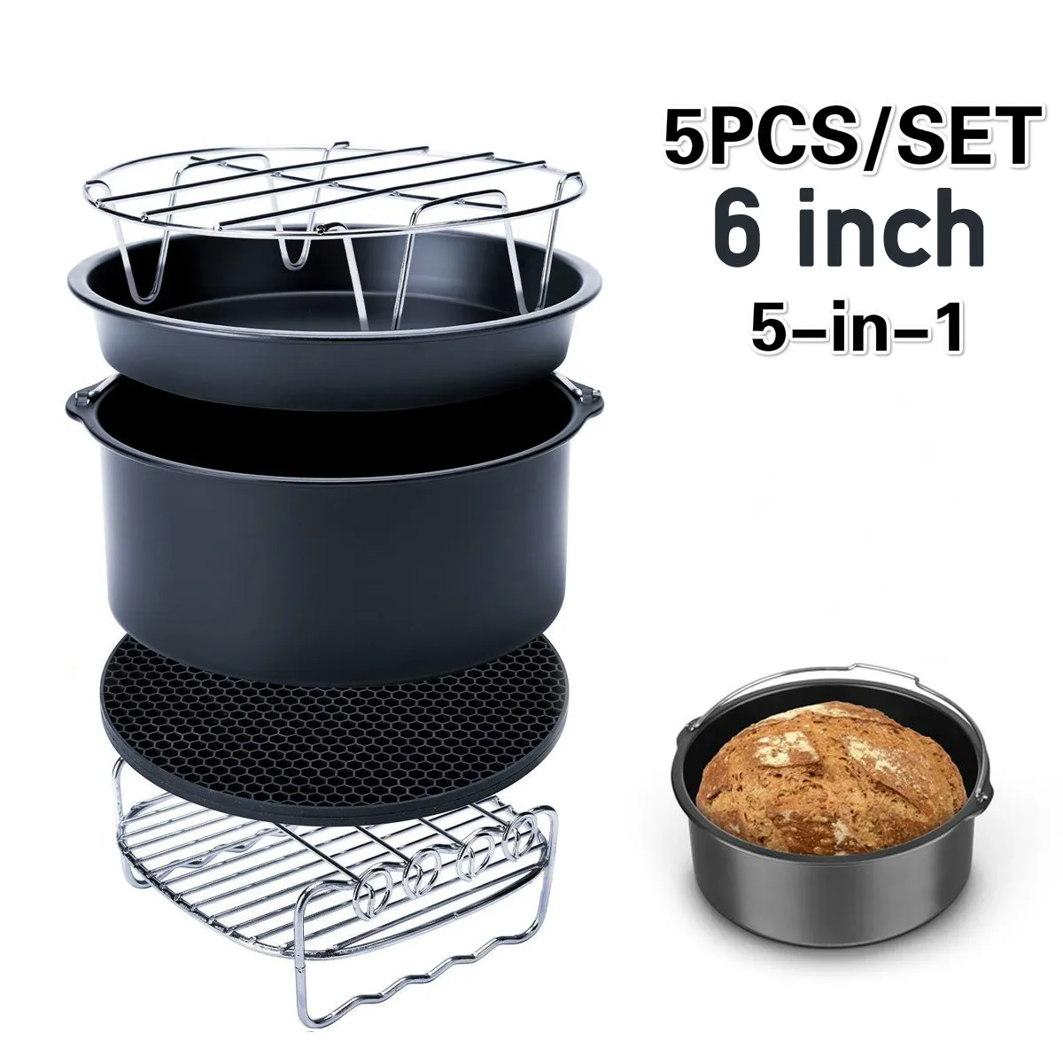 

5pcs 6" inch Air Fryer Accessories Set Cake Pizza Cage Steaming Frame Grill Skewer Rack Insulation Pad for Airfryer 3.2QT-5.8QT