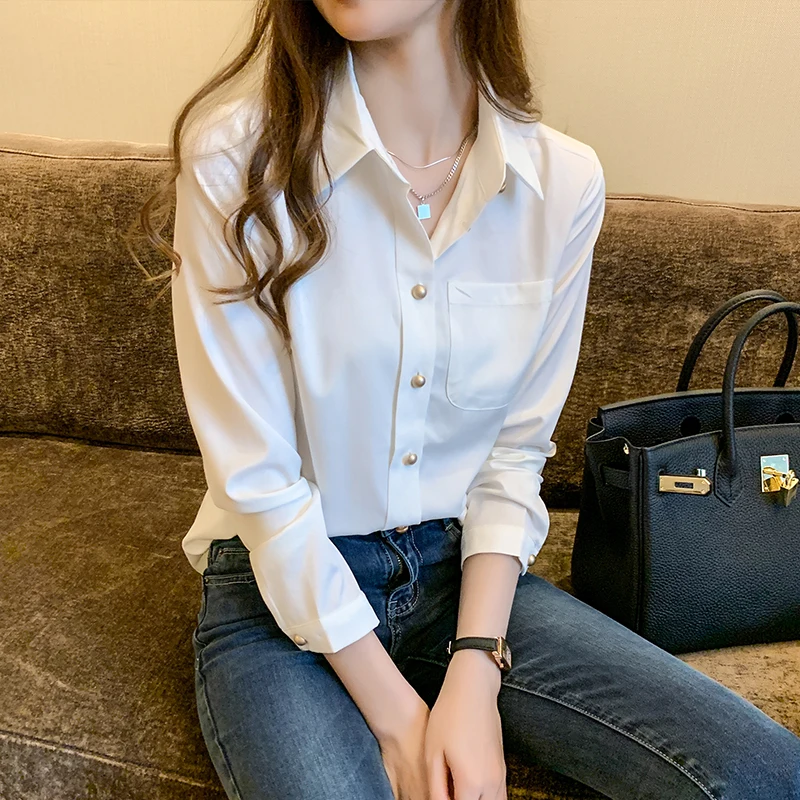 

Autumn White Chiffon Women Shirt Blouse Long-sleeve Office Lady Button Up Shirt Blusas Mujer De Moda 2021 Verano Elegantes