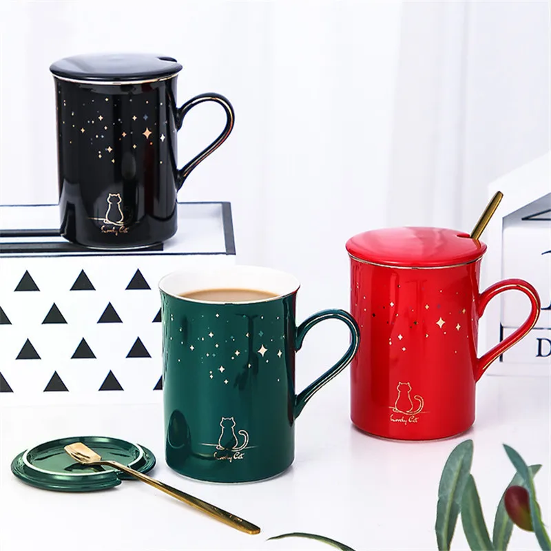 Керамическая Милая кофейная кружка с изображением кота звездного неба ложкой и