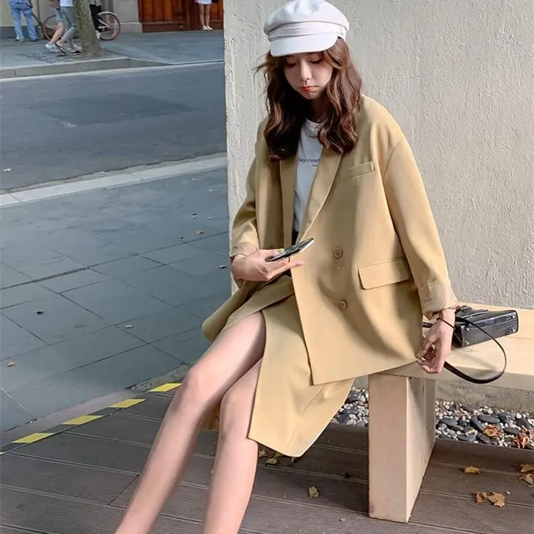 Элегантный отложной воротник куртка Высокая талия юбка костюм Женский Длинный