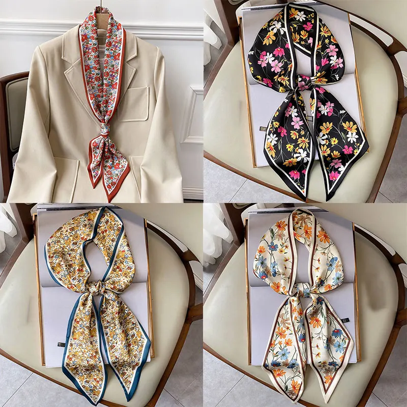 

Temperament Fashion Floral Print Silk Scarf Female Bags Accessory Narrow Office Lady Shawl Women Thin Neck Long Scarves