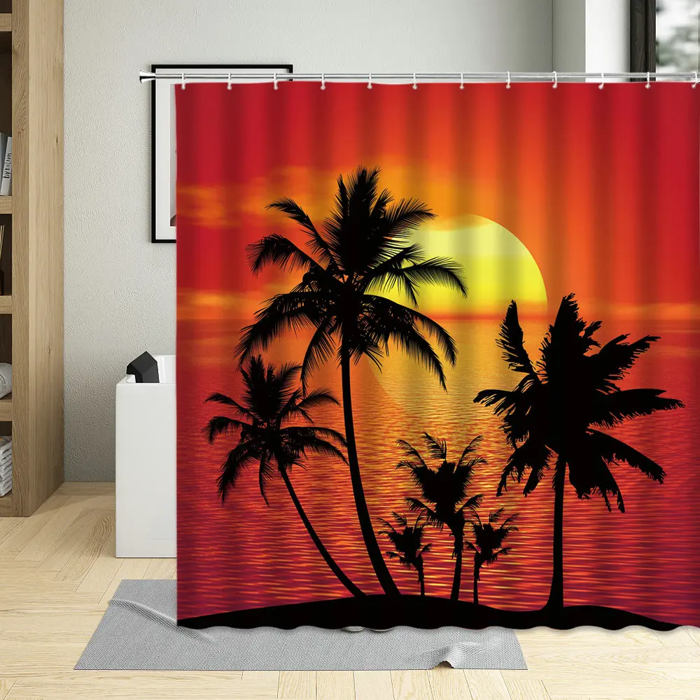 

Sunset Nature Scenery Themed Waterproof Bathroom Decor Seaside Coconut Tree Landscape Bath Screens Shower Curtain With Hooks