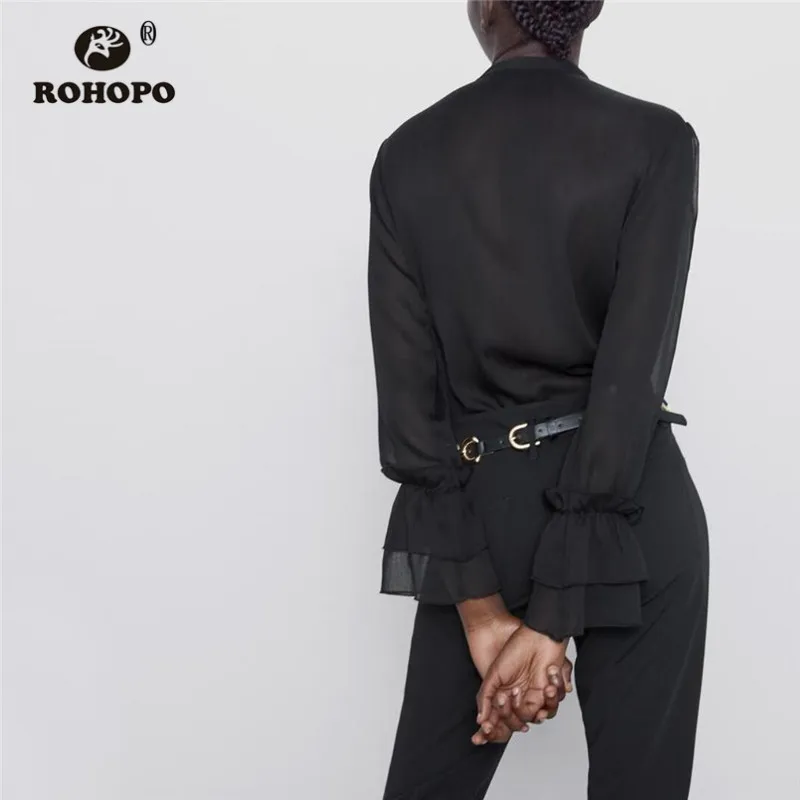 ROHOPO морщин Ткань каскадные оборки воротник черная блузка браслет на ухо с