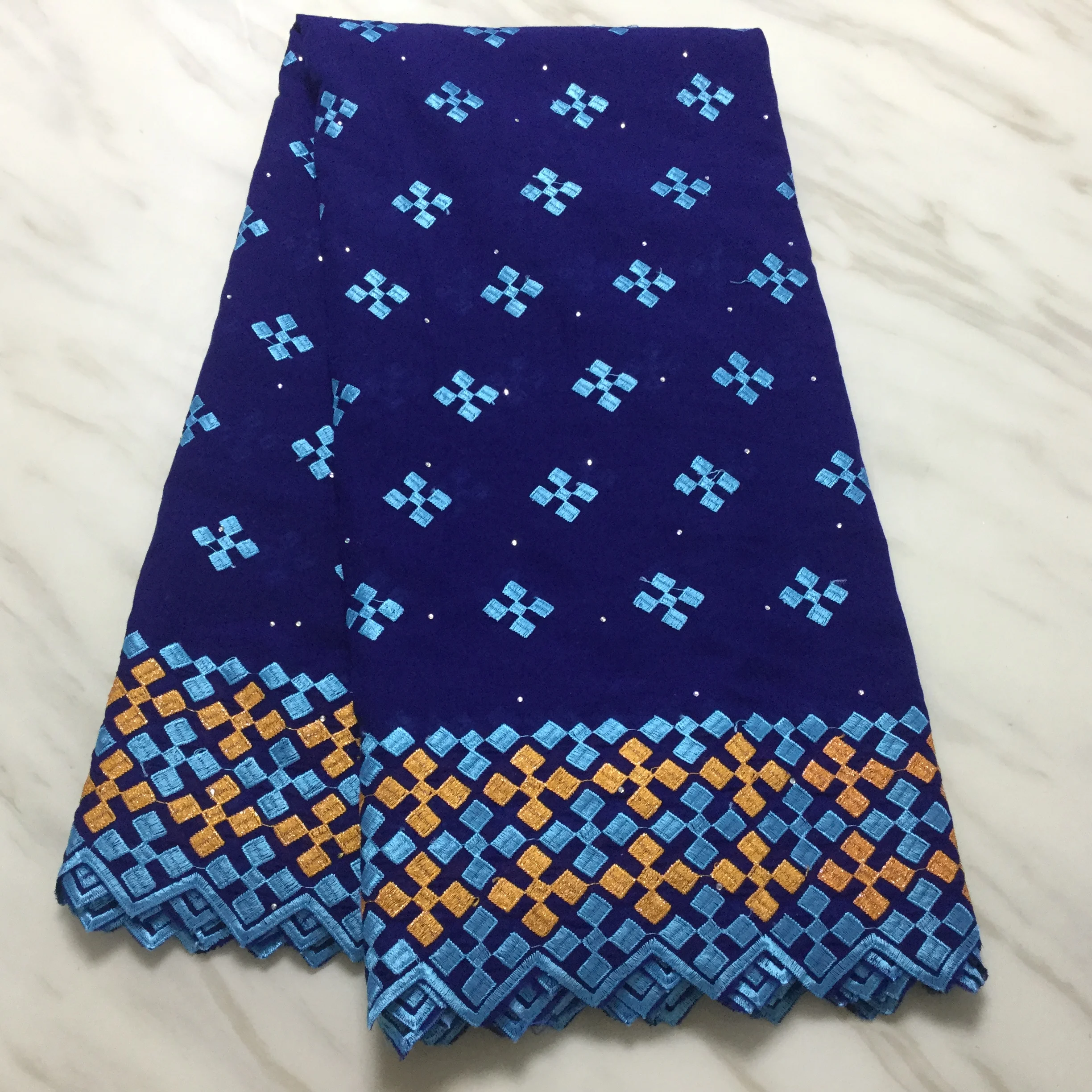 Королевский синий Чистый хлопок швейцарская вуаль кружевная ткань с камнями