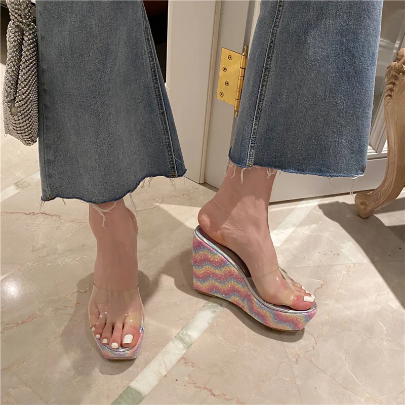 

NIUFUNI Transparent Color Sequins Platform Wedge Heel Women's Shoes Super High Heels Women's Slippers Open-toe Platform Sandals