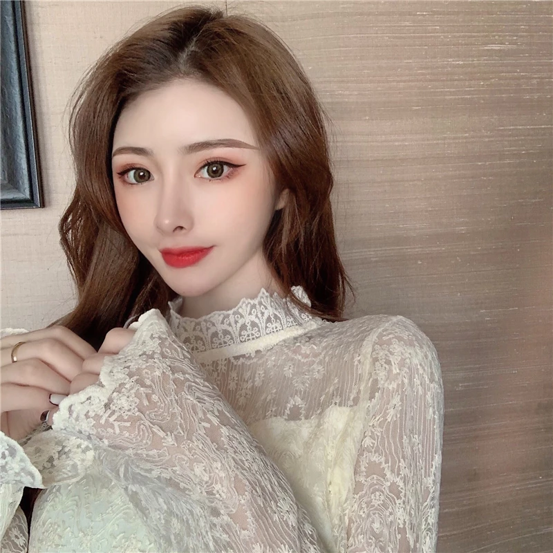 

New Long-sleeved Blouse Lace Top Lotus Leaf Collar Loose Comfortable Fashion Blouses Casual Summer Korean Women's Shirt