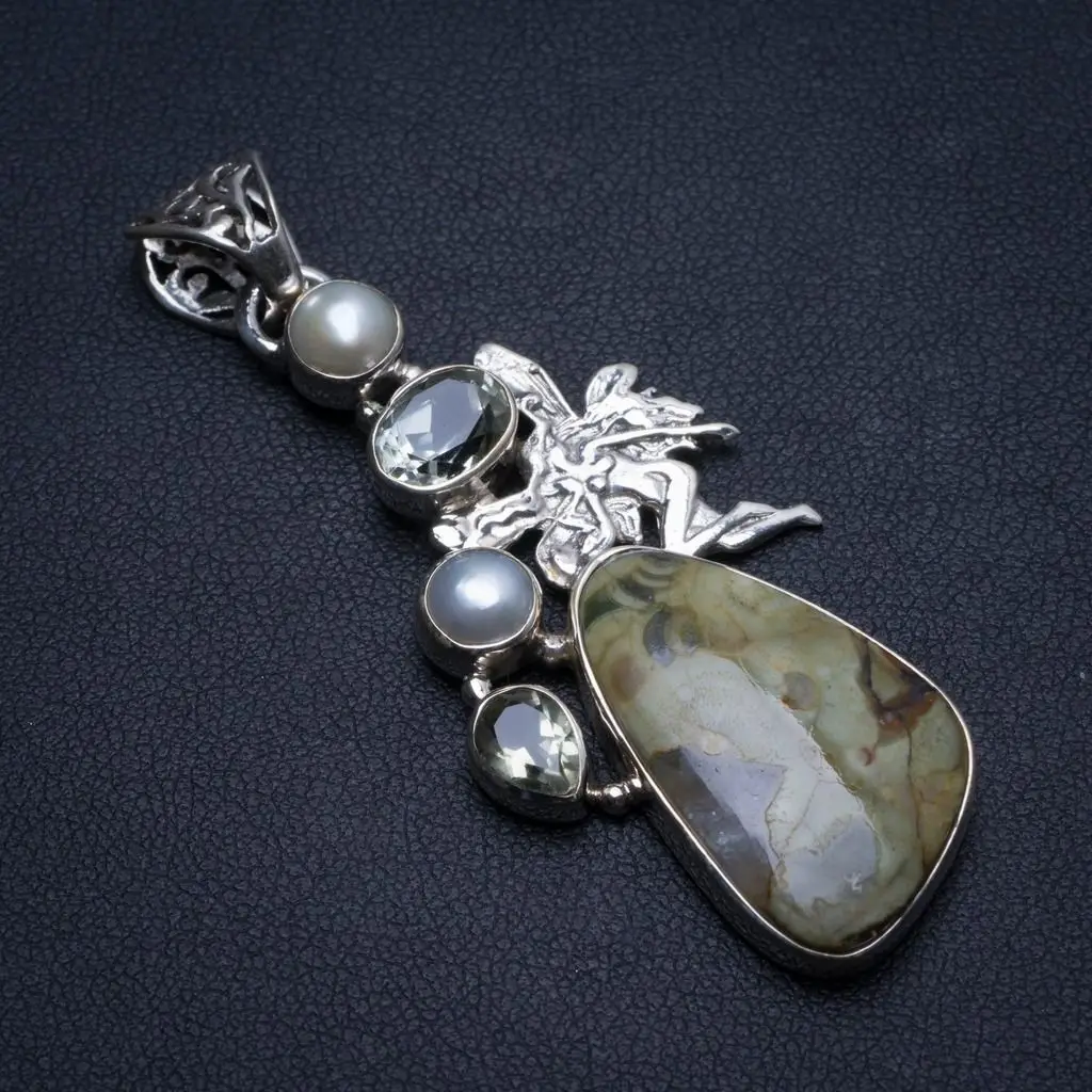 

Natural Ocean Jasper,Green Amethyst River Pearl Handmade Boho 925 Sterling Silver Pendant 2 1/4" U0124