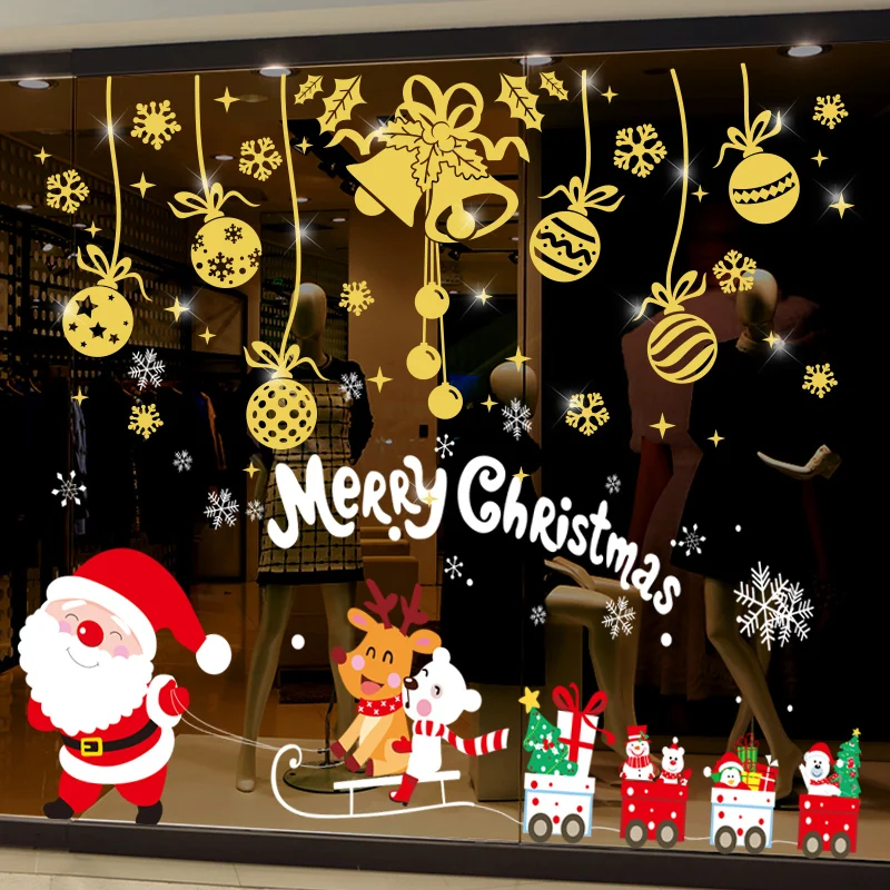 

[SHIJUEHEZI] Christmas Window Stickers DIY Bells Santa Claus Train Wall Decals for Shop Glass New Year Festival Home Decoration