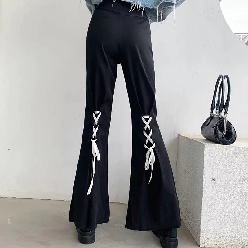 

Streetwear Black Y2k Flare Pants High Waist Split Lace Up Bandage Trousers Outfits for Women Spring Summer Woman Pants 2021