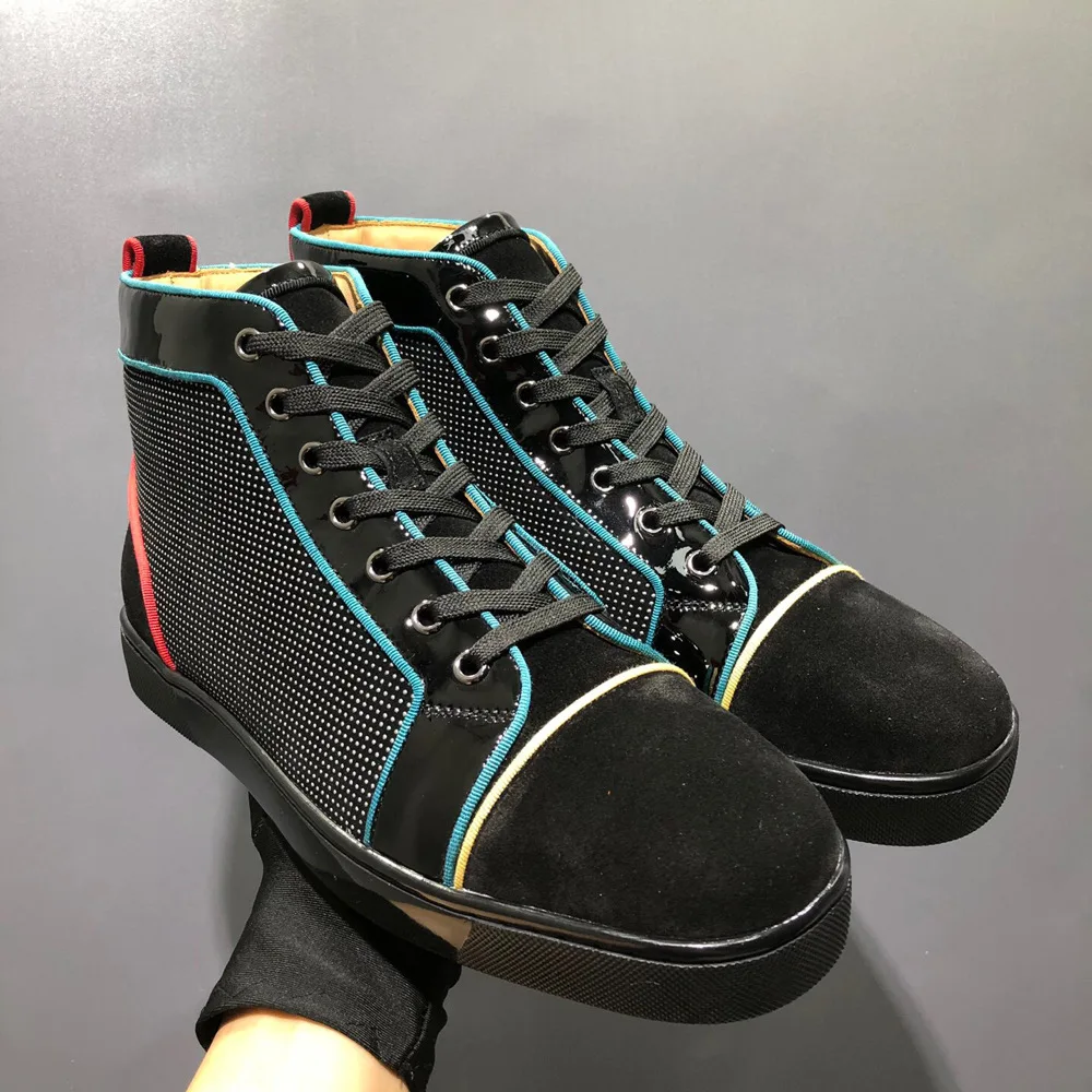 

Luxury High Top Red Bottom Shoes For Men Black Genuine Leather Suede New Color Pattern Fashion Ladie Casual Flats Sports Loafers