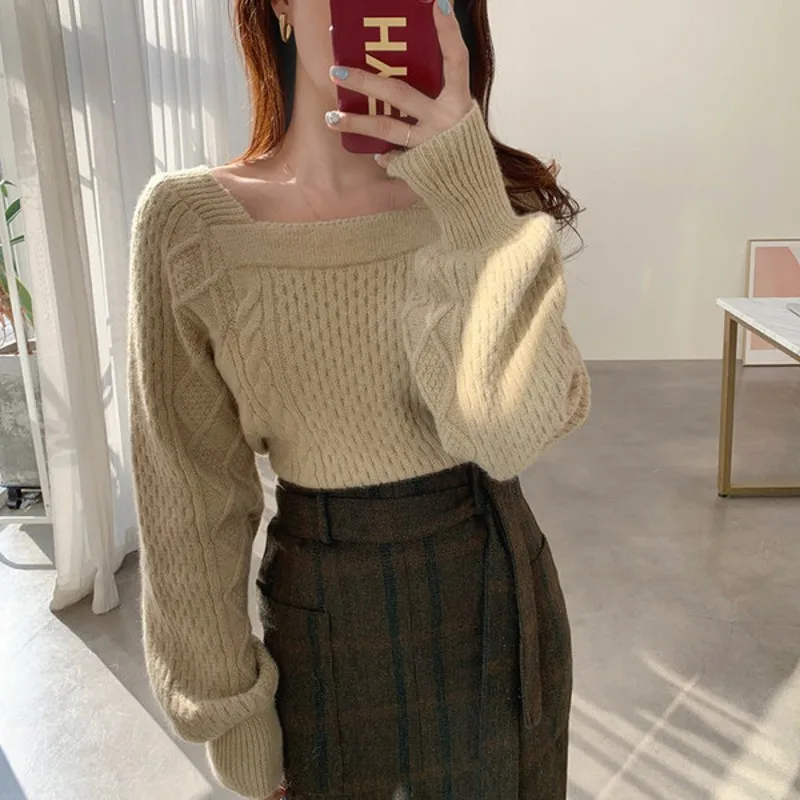 

New Autumn And Winter Solid Knit Women Basic Sweater Long Lantern Sleeve student square collar Sweaters Knitted Pullover Top