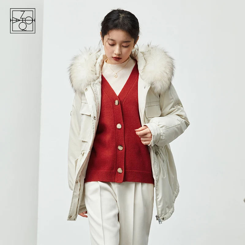 

ZIQIAO Women Winter Waist White Down Coat Tri-proof Fabric Fur Collar Hood Lightweight Parka Women Jacket пальто женское зимнее
