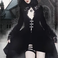 black goth dress elegant sexy lace patchwork long flare sleeve button embellished high low dress vestidos gothic medieval