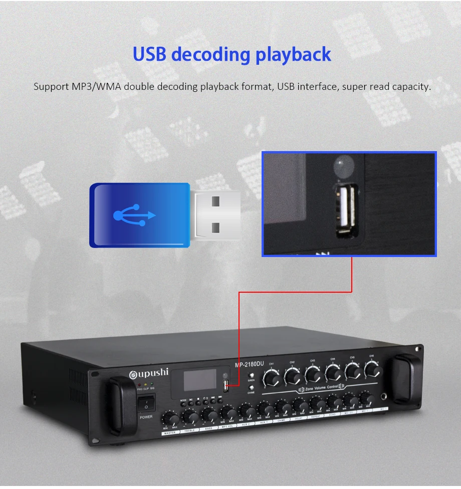 Oupushi MP-2180DU усилитель вещания аудио 6 зон Независимый регулятор громкости 180 Вт с Bluetooth/MP3/USB