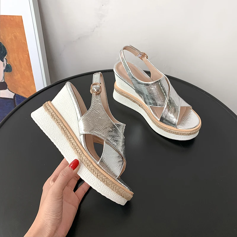 

Women Genuine Leather Wedges Platform Sandals Silver Cross Band Ankle Buckle Strap Party Wedding Shoes Woman Sandals