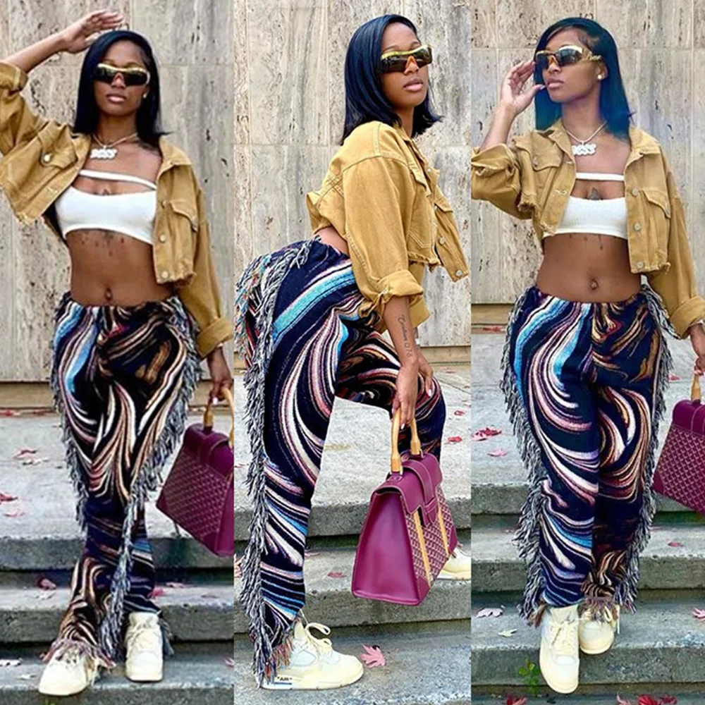 

Side Tassels Patchwork Striped Print Jogger Pant Women Rave Festival Clothing 2021 Fashion Casual High Waist Bodycon Sweat Pants