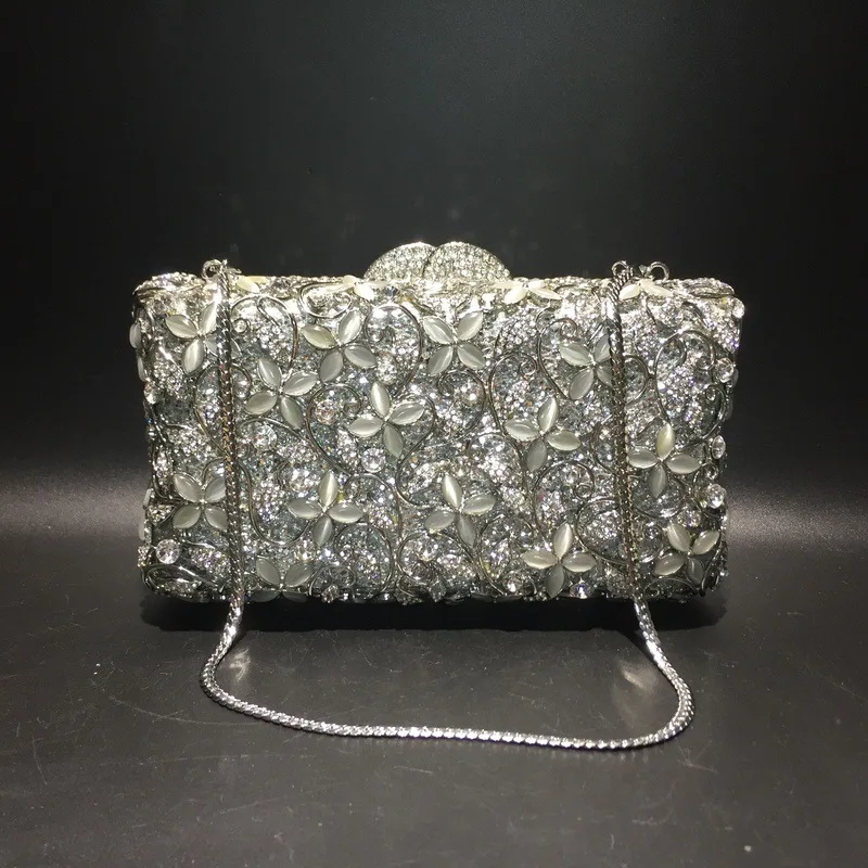 

Diamond ladies bag 2020 new cat's eye diamond four-leaf flower diamond bag corrugated metal crystal evening bag handmade