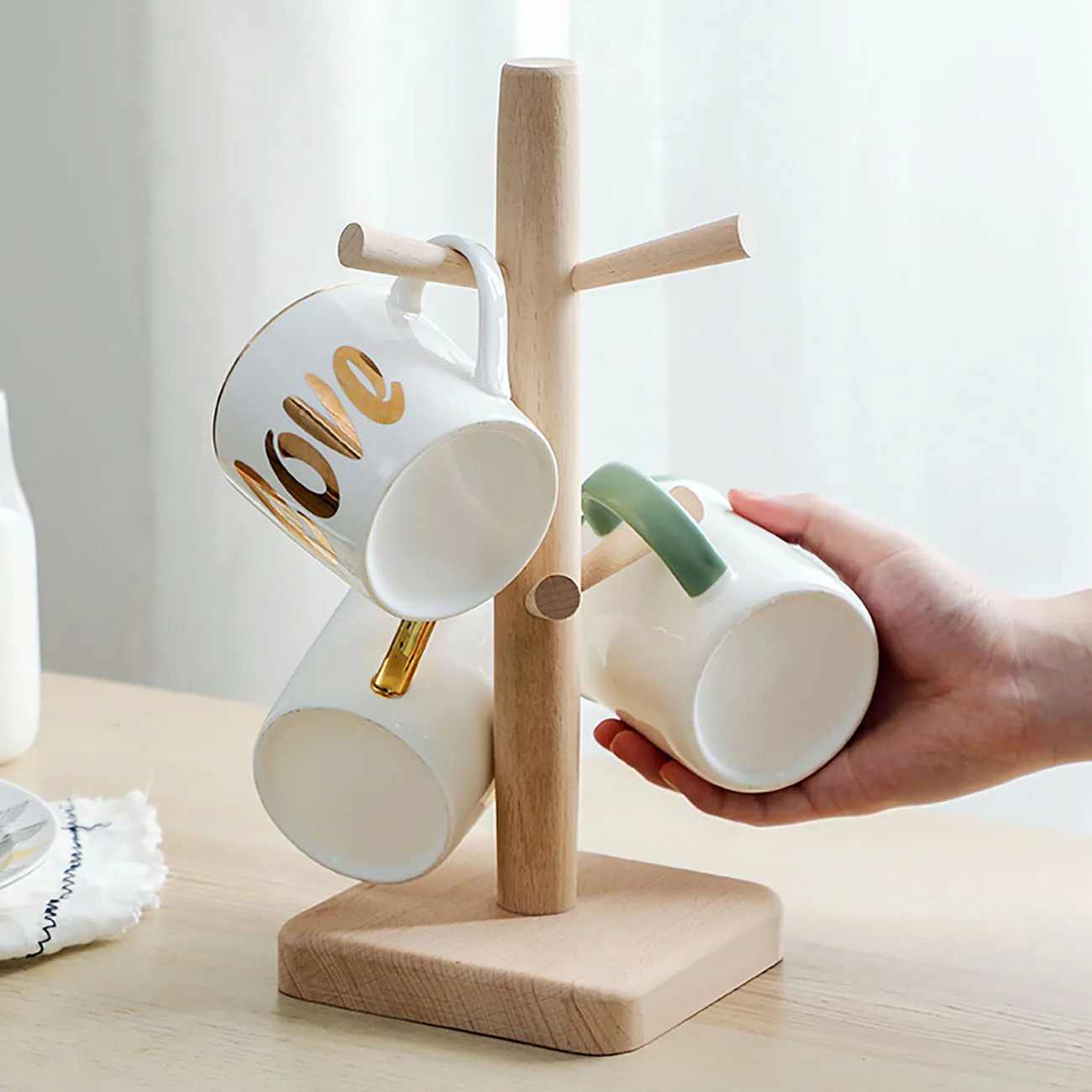 

Tree Shape Wooden Cup Rack Tea Cup Storage Holder Countertop Pantry Stands Mug Jewelry Rack For Home With 6 Hooks