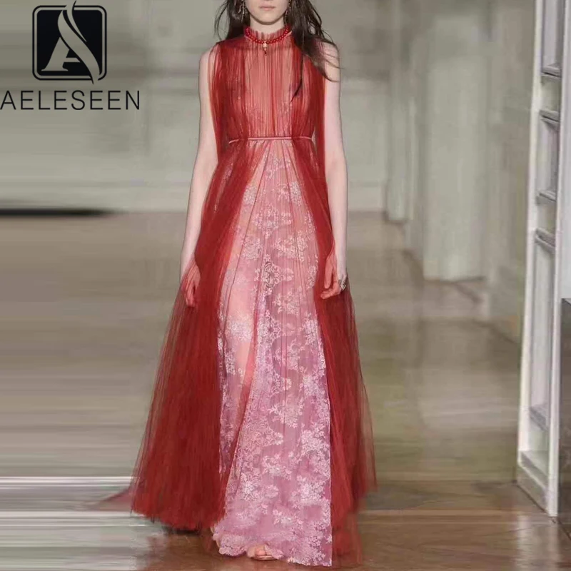 Женское платье макси AELESEEN красное Сетчатое свободного покроя вечерние платья