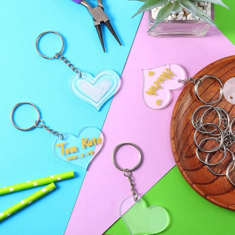 

30 Blanks Clear Acrylic Blanks Heart Shape Plain Acrylic and 30 Pieces Key Chain Metal Key Rings for DIY Crafts