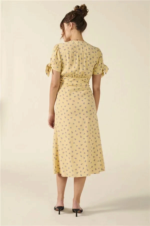 

Elegant Office Lady Floral Print Dress Short Sleeveless V-Neck Chiffon Button Bodycon Dress Ruffles Wrap Casual Pencil Dresses