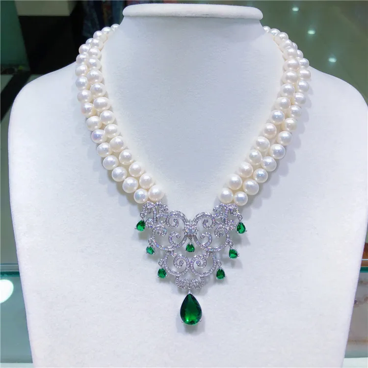 

Hand knotted natural 2rows 9-10mm white freshwater pearl sweater chain necklace fashion jewelry