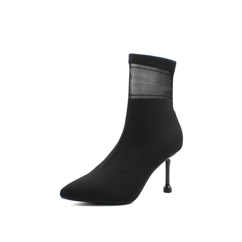 

winter 2020 new thin heel knitted elastic Pointed women's boots autumn thin boots, daily versatile short boots