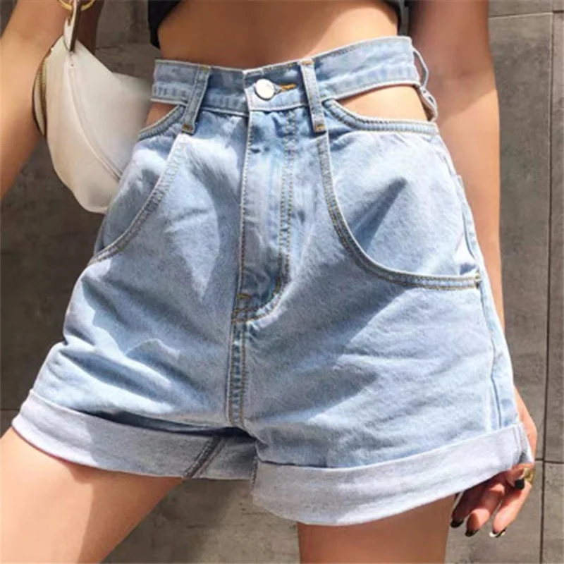 

Women Hollow Out High Waist Denim Shorts Female Button Pockets Short Jeans Shorts Ladies 2021 Casual Korean Sweet Blue Bottom