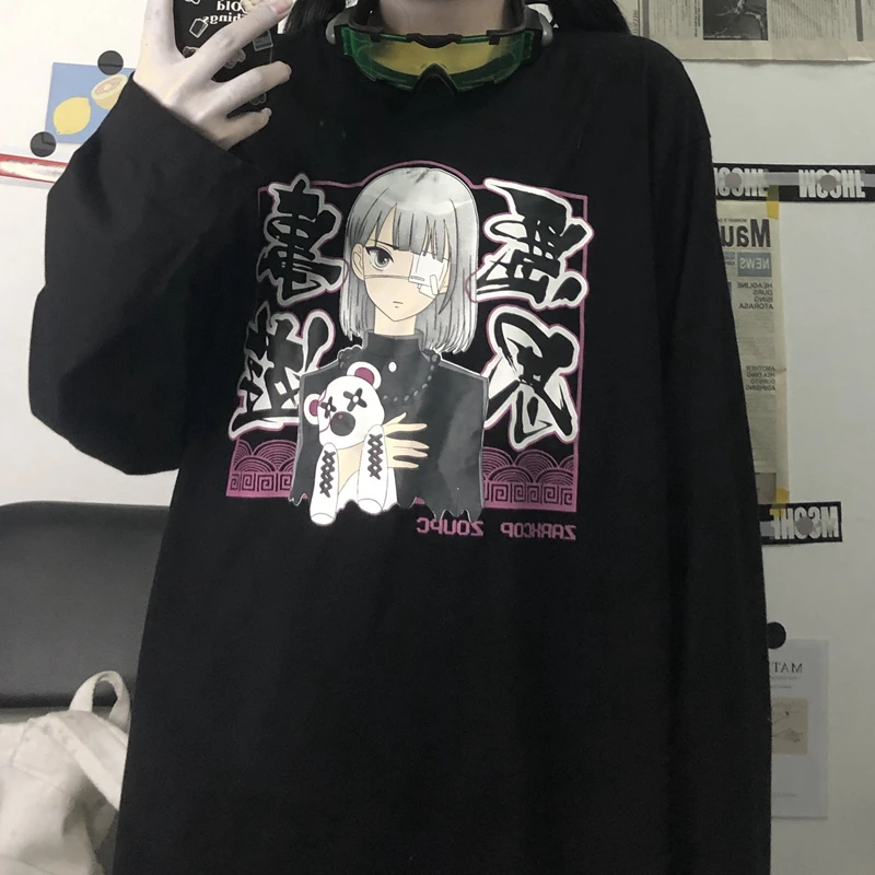 

Harajuku Novelty Kawaii Girl Anime Print T-Shirt Full Slevees Personality Brief Clothes O-Neck Minimalist Man Hip Hop Streetwear