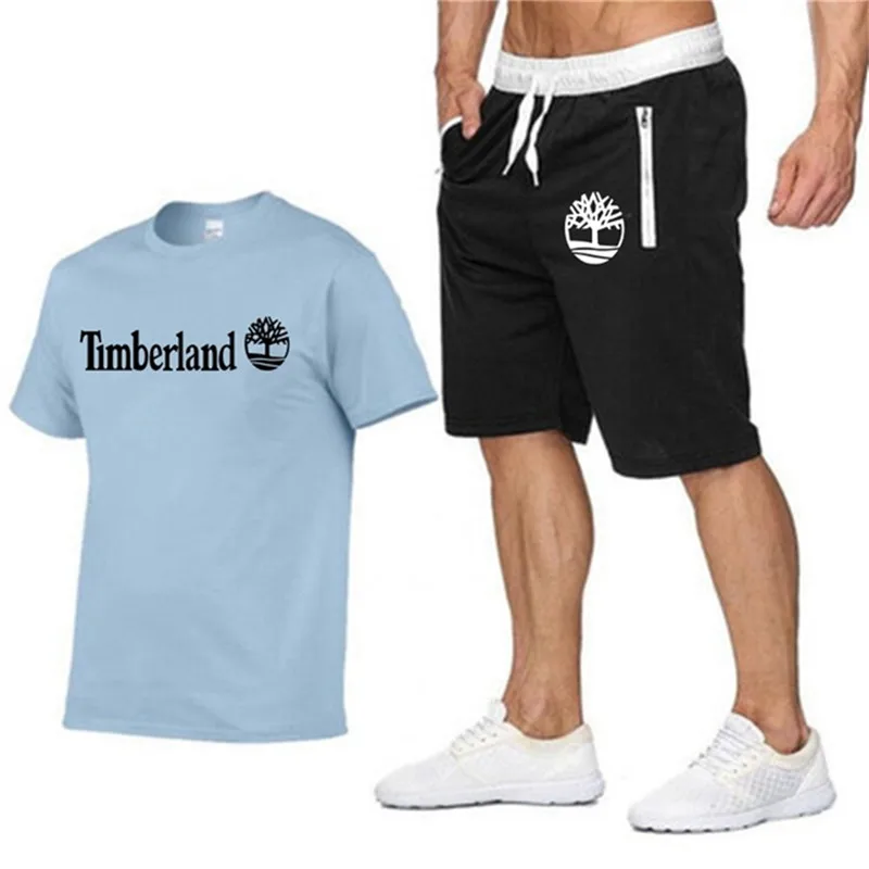 

2021Summer Men's T-shirt Set 2-piece Men's Sportswear Suit Basketball Sports Fitness timberland Printed Short Sleeve + Men's Sui