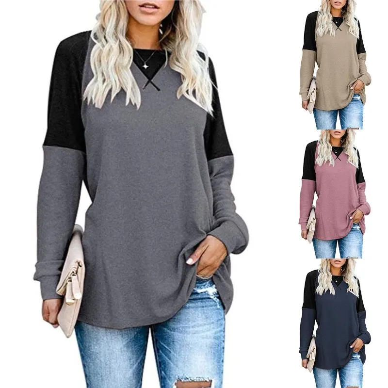 

FAKUNTN Patchwork O Neck Winter Autumn Solid Color Tops Women's Fashion Casual Loose Plus Size Tees Tunic T Shirt Long Sleeved