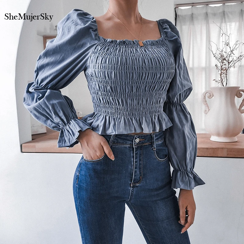 

SheMujerSky Autumn Flare Sleeve Blouses Women Elastic Square Collar Tops 2020 Holiday Casual Ruffles Shirts blusas