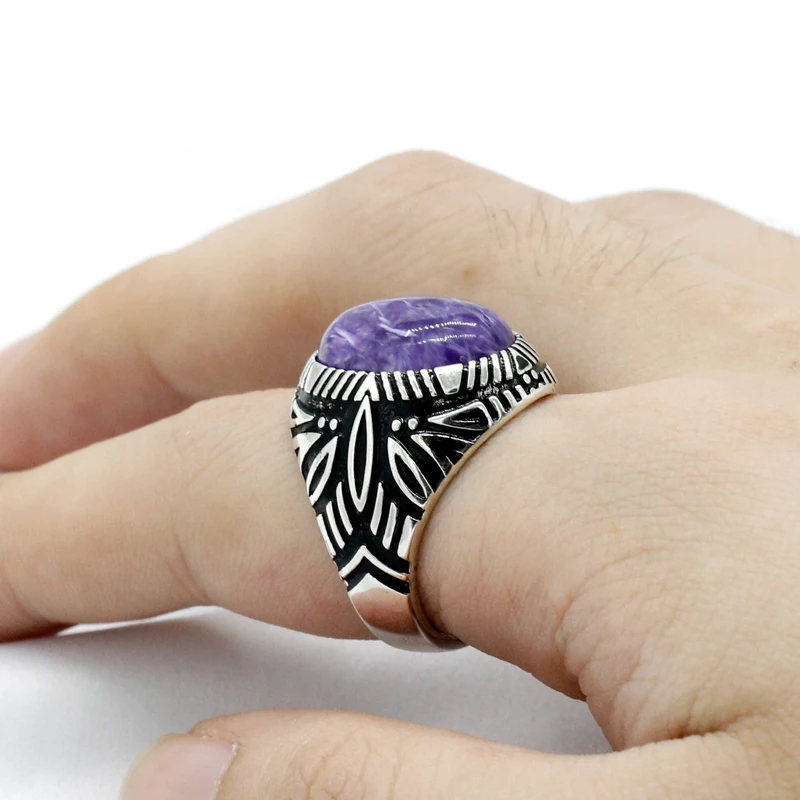 

Real Thai Silver Man Rings 925 Sliver High Quality with Natural Charoite Big Purple Stone Rings for Men Women Turkish Jewelry