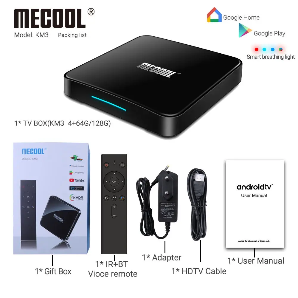 MECOOL KM3 Android 9,0 Smart tv Box 4G DDR4 64G 4K HDR Google Home Play Cast Ultra HD tv Box USB 3,0 медиаплеер Голосовое управление