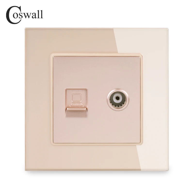 COSWALL Кристалл Закаленное стекло Блок розеток женский ТВ разъем с CAT5E RJ45 Интернет компьютер разъем для передачи данных C1 серии