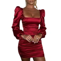 new satin puff sleeve ruched dressed for solid woman square turtleneck dressed sexy ladies streetwear with no zip back