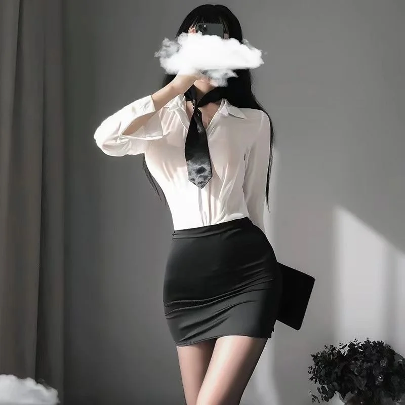 

Women's Shirt Short Skirt Sexy Lingerie Sexy Tight Bag Hip Secretary Perspective Ol Uniform Temptation Teacher Suit Nightclub