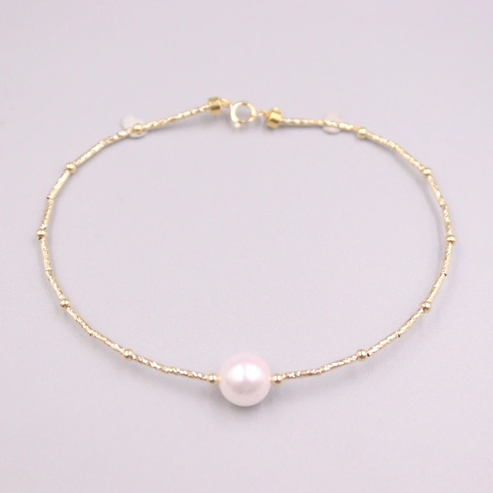 

Natural Seawater Pearl 8mmW with Pure 18K Yellow Gold Tube Beads Link Bracelet 7.08"L Lucky Gift For Woman