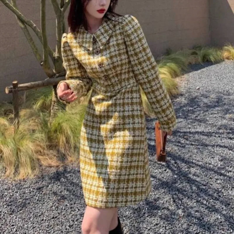 New Designer 2021 Autumn European Women Dress Luxurious  Round Collar Long Sleeve Vintage Tweed Slim Plaid Dress