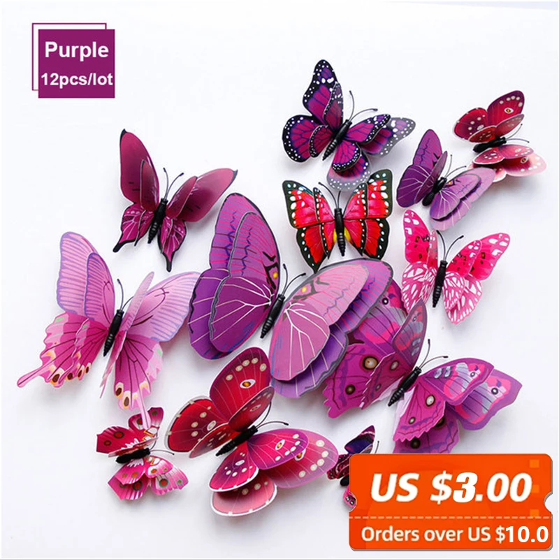 

12pcs/lot Purple Simulation Butterfly Wall Sticker 3D Stereo Bedroom Stickers Children's Room Wall Decorative Paintings
