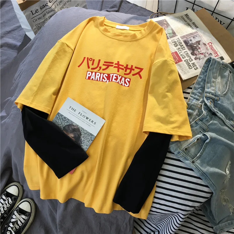 

korean kawaii yellow T Shirt Women long Sleeve O Neck T-shirts autumn Tops Casual Tee Shirt letter printed Harajuku Woman Tshirt