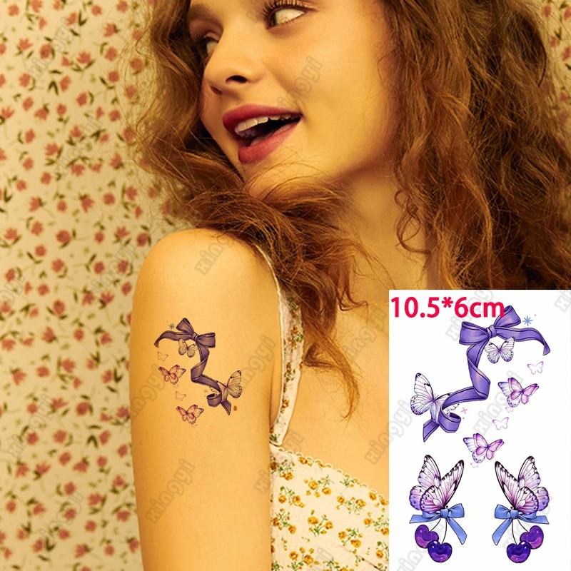

Purple Bow Waterproof Temporary Tattoo Sticker Color Butterfly Wing Child Arm Wrist Water Transfer Fake Tatto Body Art Women Men