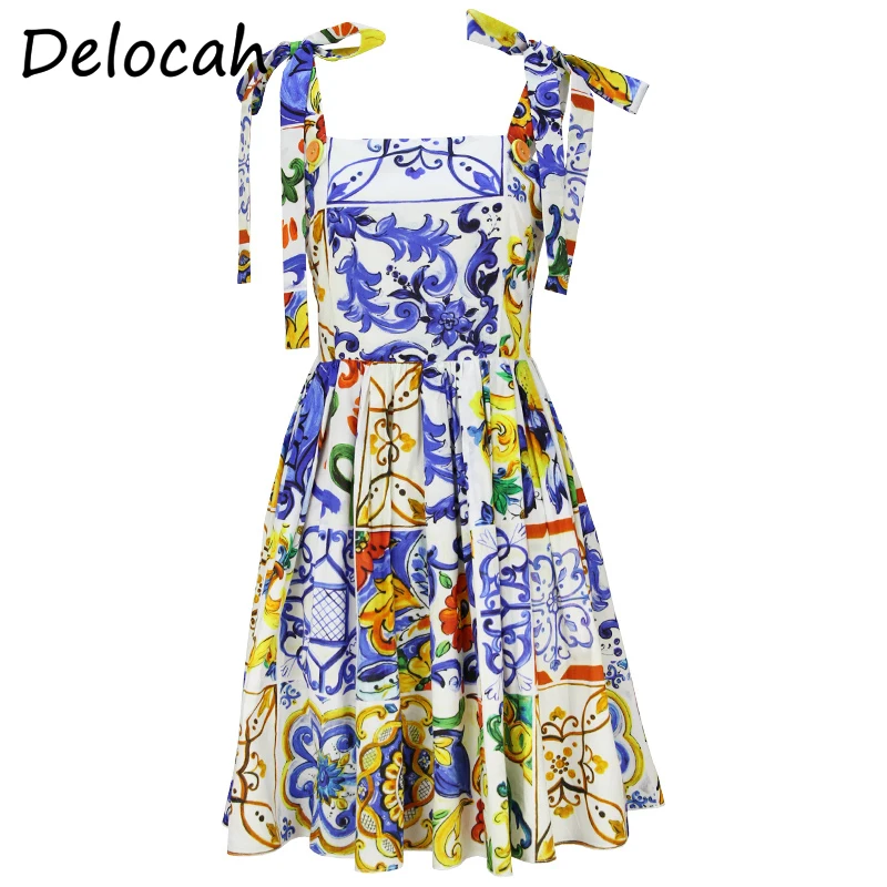 

Delocah New Fashion Designer Cotton Summer Dress Women Bow Spaghetti Strap Vintage Gorgeous Floral Print Mini Casual Dresses