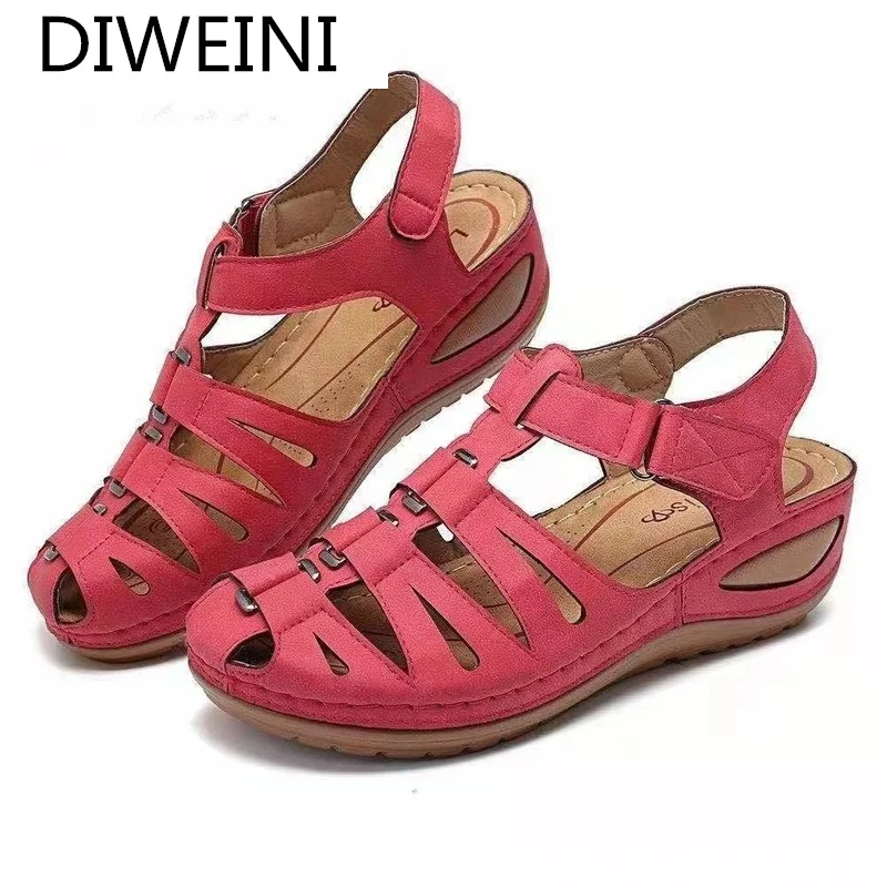 

New Women's Sandals 2021 Summer Fashion PU Leather Slope Casual Shoes Women Retro Baotou Velcro Outdoor Beach Women Sandals