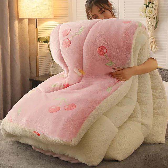 

Winter Super Warm Cashmere Quilt Thick Flannel and Lamb Double-faced Velvet Wool Blankets Quilts 3.5kg Comforter for Bed