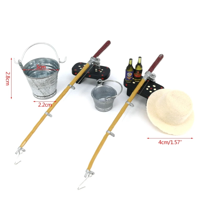 

1/12 Dollhouse Miniature Fishing Rod Hat Bucket Stool Model Doll Life Scene Doll House Decoration