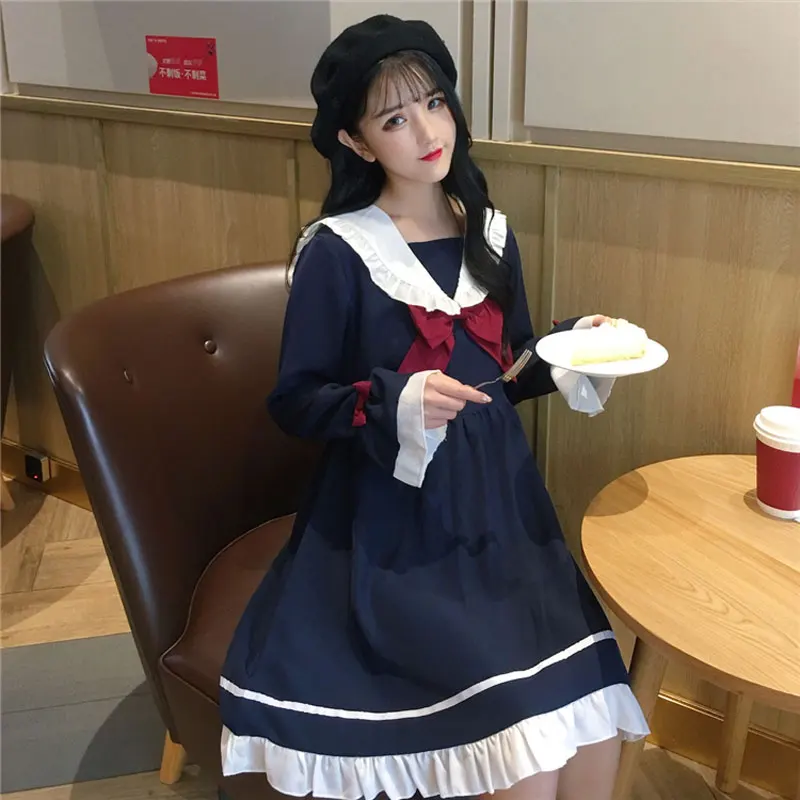 

Girl Cartoon Blue White Sailor Collar Dresses School Uniform Girls Preppy Cute Tie Short Sleeve Casual Dress