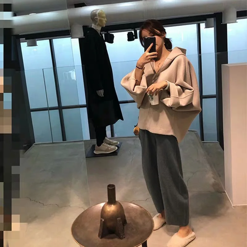 Nuevo traje de dos piezas de gran tamaño las mujeres trajes conjunto de pantalones de pierna ancha sudaderas con capucha Sudadera Mujer abrigo de lana de otoño jersey de Harajuku de lana