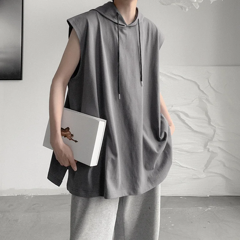 

Рубашка мужская без рукавов, дышащая Свободная майка с круглым вырезом и капюшоном, спортивная одежда, жилет для фитнеса, лето